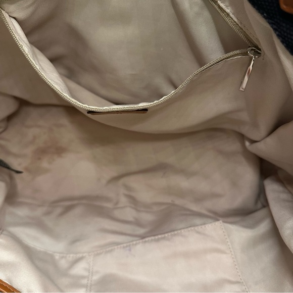 Lauren Ralph Lauren Black White Striped Canvas Tote Bag, Tan Base, Leather Trim - Picture 12 of 13